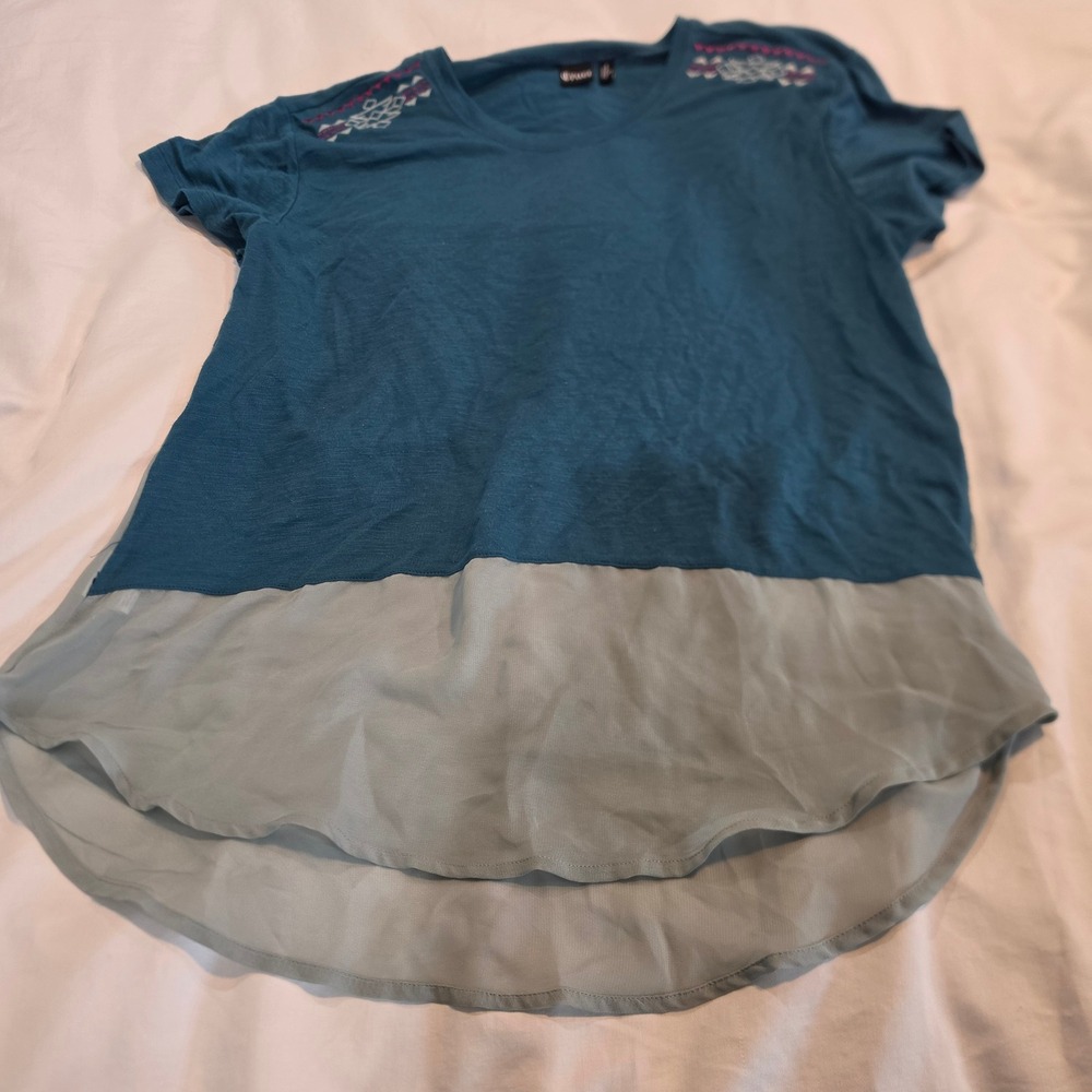 Cruel Top Womens Large Teal Blue Excellent Embroidered High Low Chiffon Hem